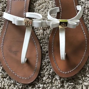 Tory Burch T Leather Logo Bowed Sandals